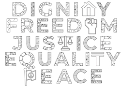 [ai] A graphic featuring the words 'DIGNITY', 'FREEDOM', 'JUSTICE', 'EQUALITY', and 'PEACE' in bold outline letters. Each word is stylized with various geometric patterns. Icons include a scales of justice, a peace flag, and a raised fist.
